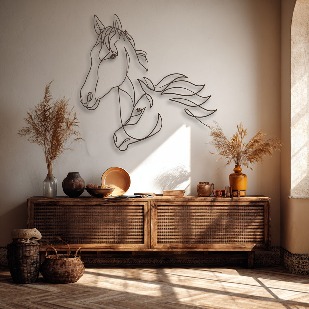Showcasing exceptional material quality, this minimalist dual horse metal art for wall features a precisely cut, elegant dark finish.