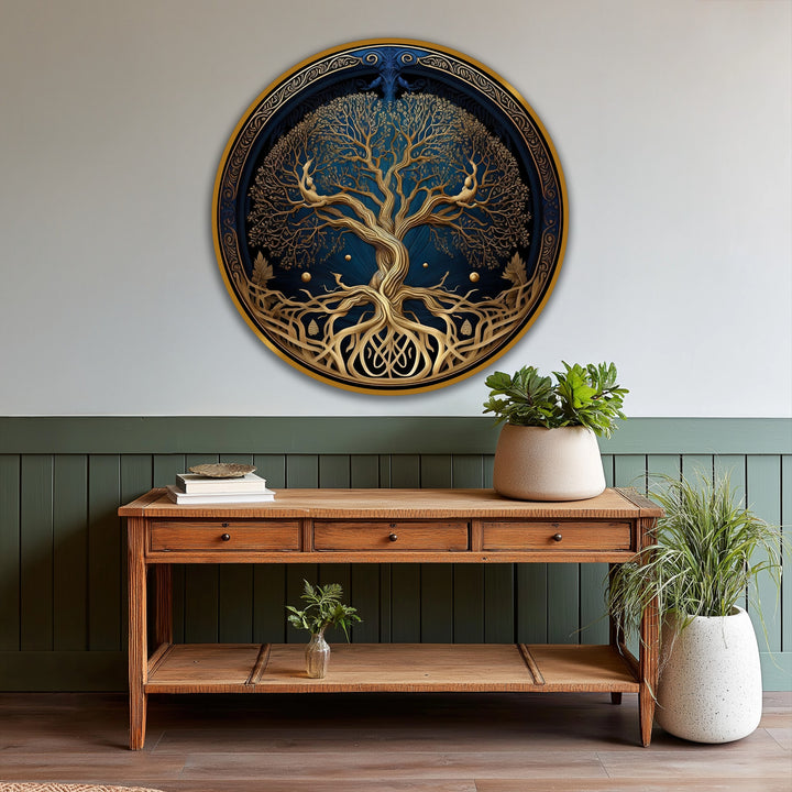 Shadows define the sculpted details of the golden Tree of Life in this round oil painting art, illuminating its modern oil painting art roots against a deep blue backdrop.