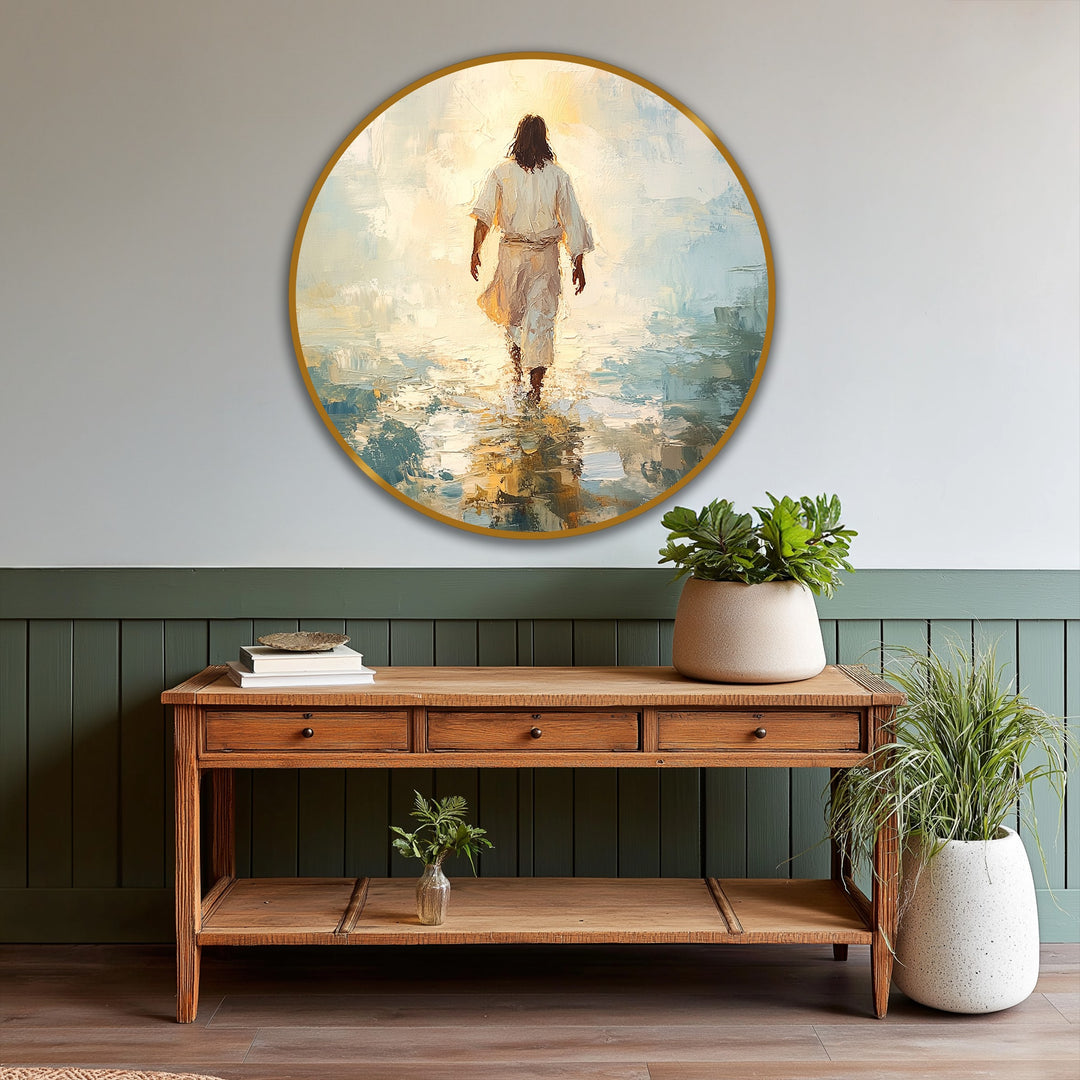 Gleaming golden edge frames this round oil painting art piece, depicting a faith journey 'Into the Light' as a serene and softly bordered statement.