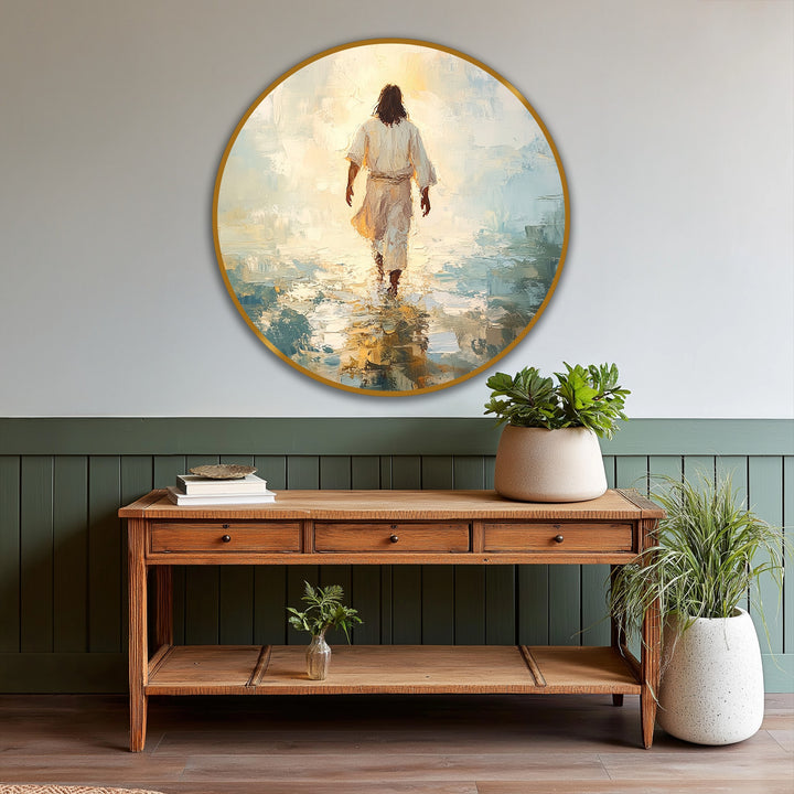 Gleaming golden edge frames this round oil painting art piece, depicting a faith journey 'Into the Light' as a serene and softly bordered statement.
