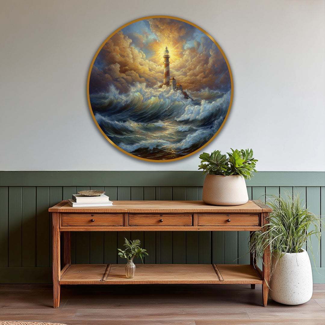 Defined by a golden edge, this round oil painting home decor features a radiant lighthouse scene amidst dramatic, stormy seas and swirling clouds.