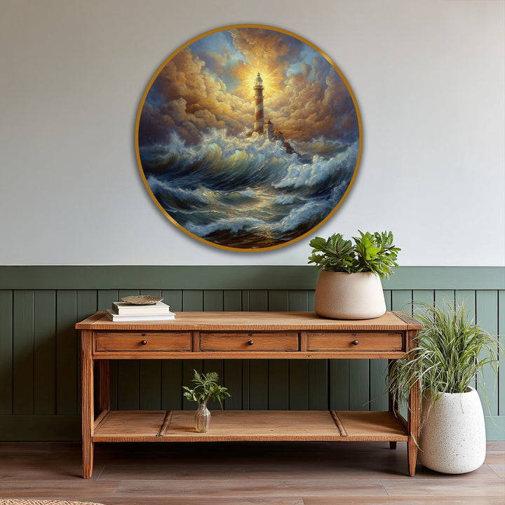 Defined by a golden edge, this round oil painting home decor features a radiant lighthouse scene amidst dramatic, stormy seas and swirling clouds.