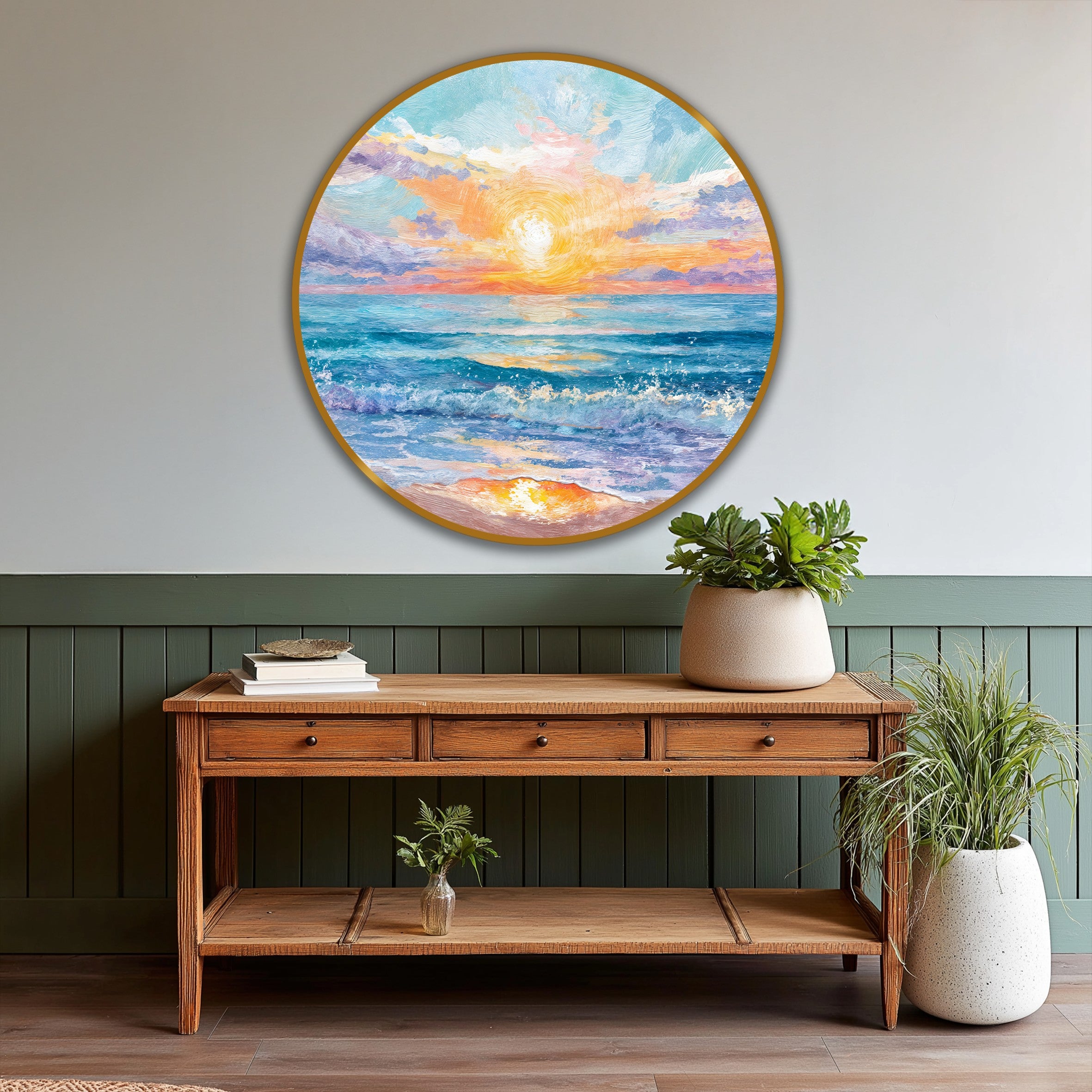 Golden Horizon Seaside Sunrise Round Oil Painting – MyPhotoStation