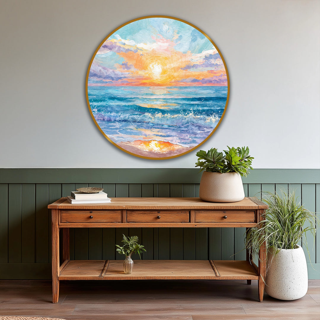 Rough, textural brushstrokes define the vibrant seaside sunrise oil painting home decor, showcasing a tactile surface evocative of crashing waves and golden sunlight.