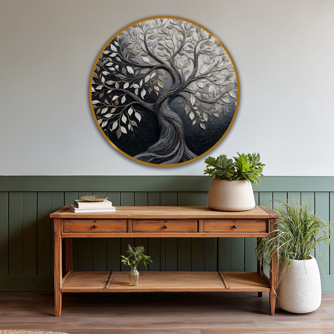 Eternal Contrast – Dual Tone Tree of Life Round Oil Painting