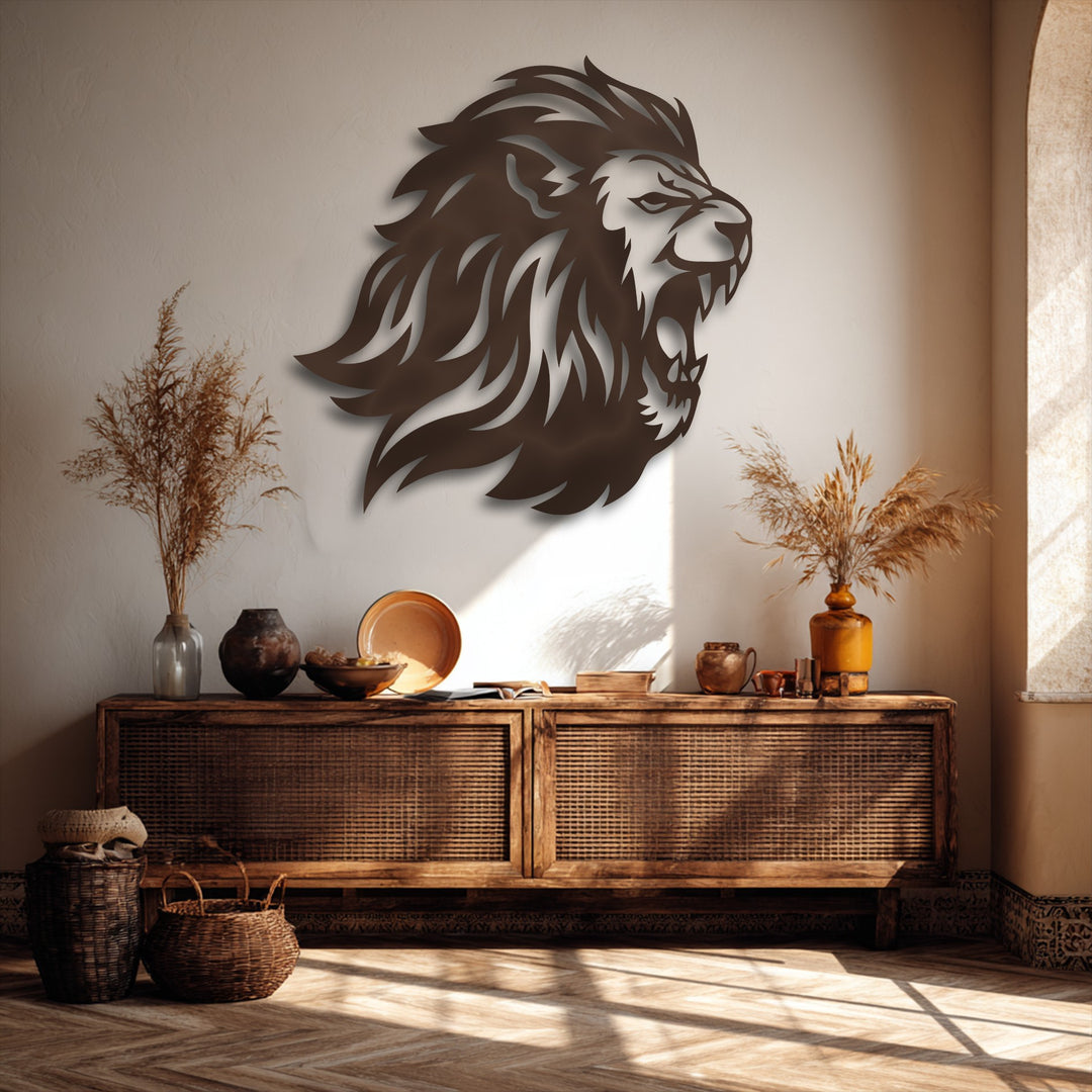 Playful light and shadow dramatically define the bold roaring lion head metal artwork, creating depth on the wall above rustic decor.