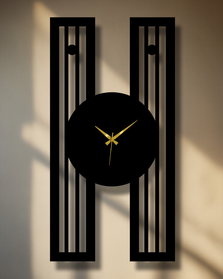 Black finish highlights the geometric frame and gold hands of this modern vertical metal wall clock, a striking piece of decoration wall art.