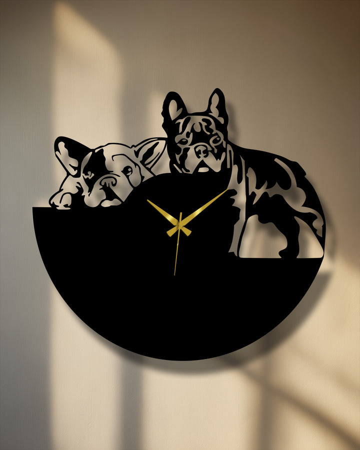 Sunlit wall provides a soft backdrop for this Bulldog Duo unique metal wall art clock, showcasing a modern dog design.