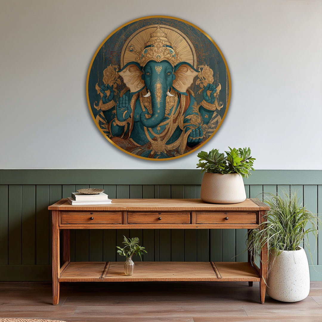 Gleaming with a hand-painted finish, the Turquoise Majesty – Royal Ganesha Round oil painting showcases detailed oil painting art prints with golden accents.