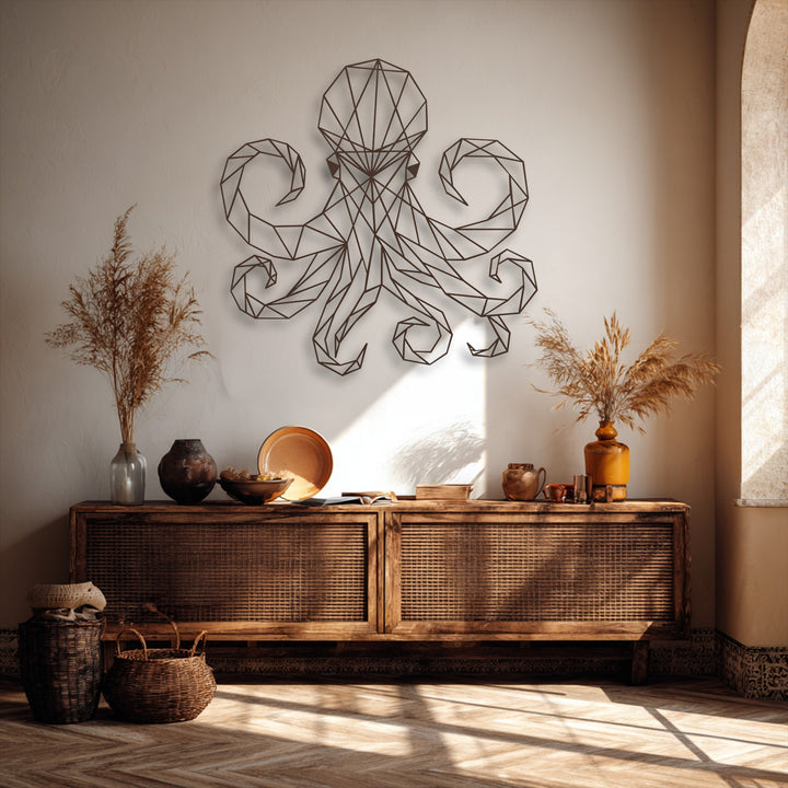 The darkest area highlights the intricate lines of the deep brown geometric octopus metal art for wall, casting subtle shadows.