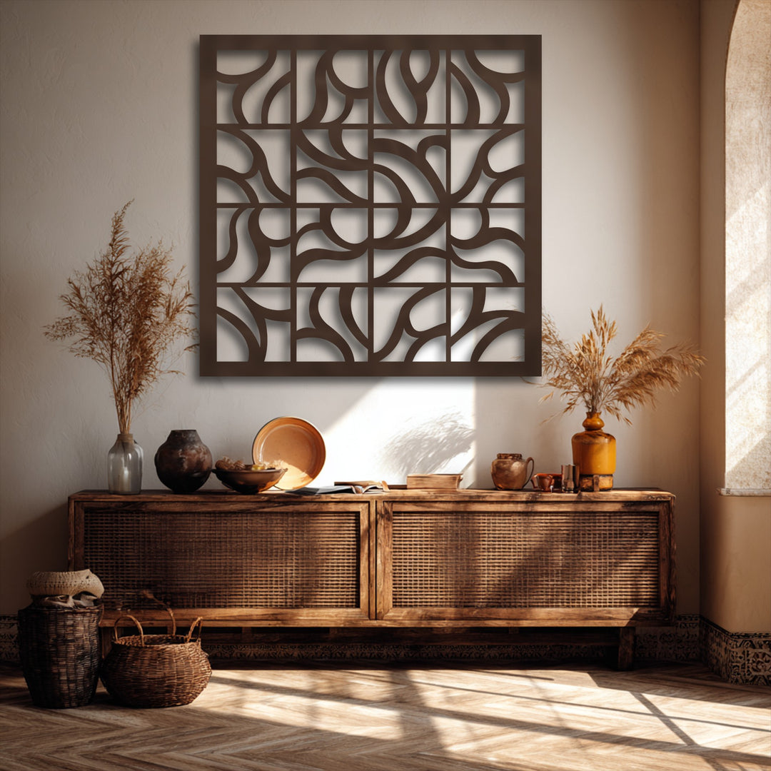 The realistic detail of the geometric flow grid metal artwork, featuring intricate abstract patterns, casts subtle shadows on the wall.