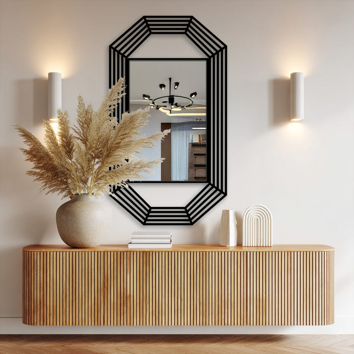 Octagonal Line Frame Floor Mirror with Modern Black Metal Design