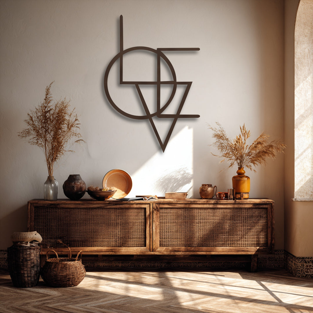 Abstract geometry fusion metal wall decor featuring an intriguing design of intertwined minimalist lines, a circle, and a triangle.
