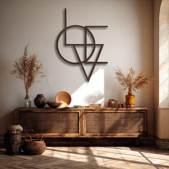 Abstract geometry fusion metal wall decor featuring an intriguing design of intertwined minimalist lines, a circle, and a triangle.