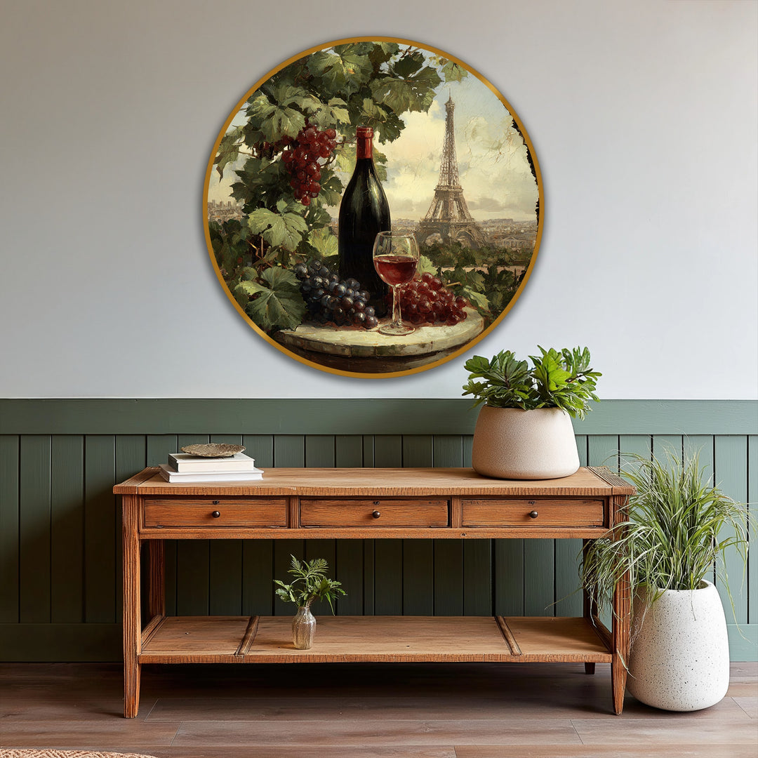 Expertly crafted, this round Paris Vineyard Still Life oil painting showcases rich, textured brushstrokes in a modern oil painting art, displaying superior material quality.