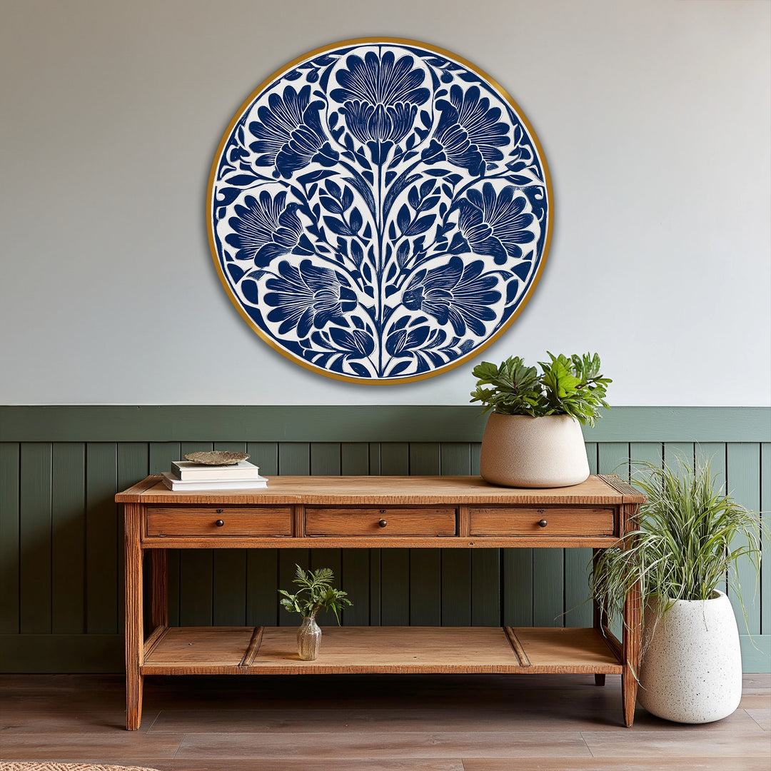 Transitioning from the creamy white backdrop to the indigo floral design, this round, decorative modern oil painting art piece offers a striking contrast in color.