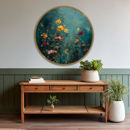 Visual rhythm flows through this 'Whispering Meadow' oil painting wall art, creating a symphony of wildflowers in a golden-framed round canvas.