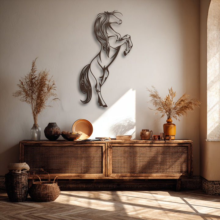 Defined by bold geometric contours, the rearing horse metal wall art offers a modern, captivating decoration wall art piece.