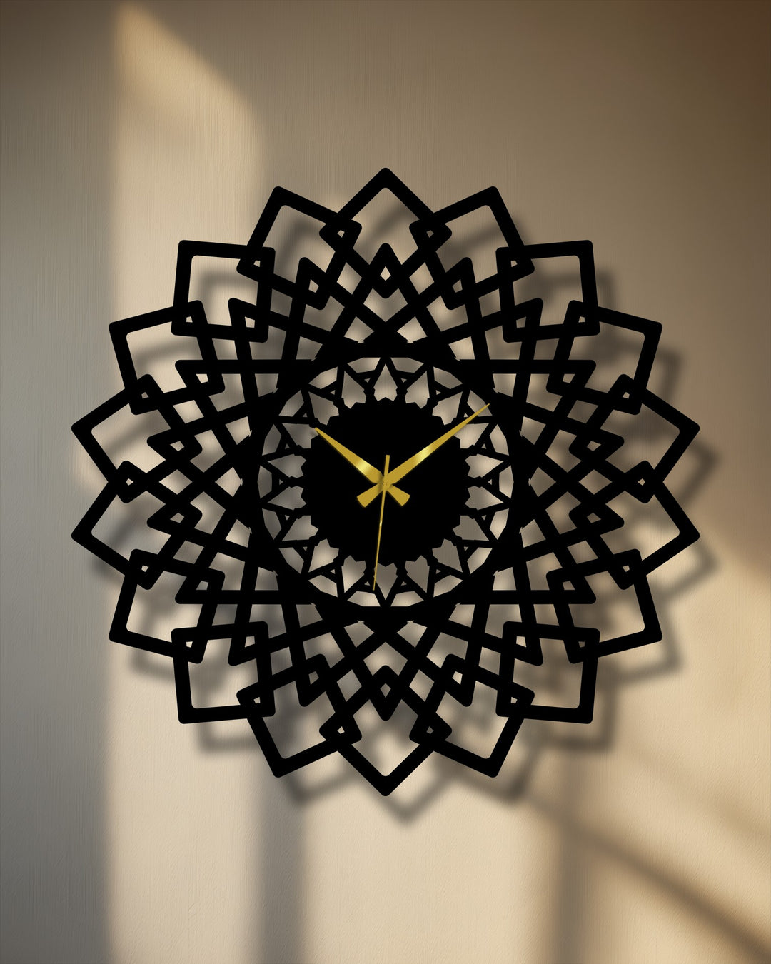Abstract metal artwork defines this mandala geometry metal wall clock through its intricate symmetry design.
