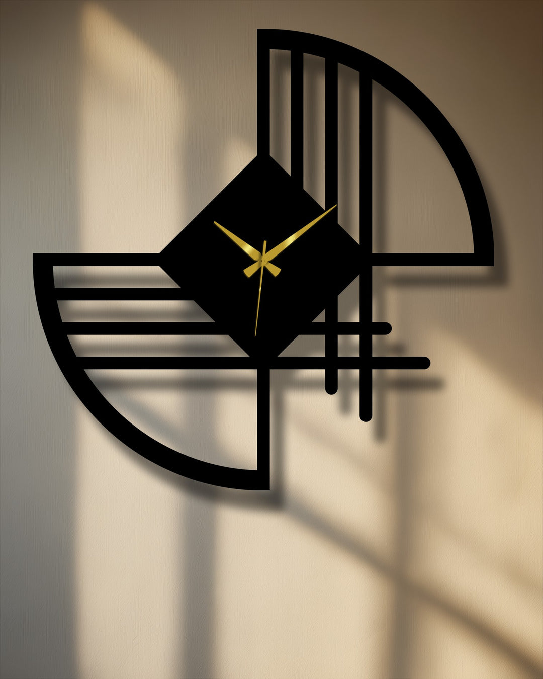 The abstract geometric design with gold hands characterizes this modern metal wall decor, showcasing its unique form as the central subject.