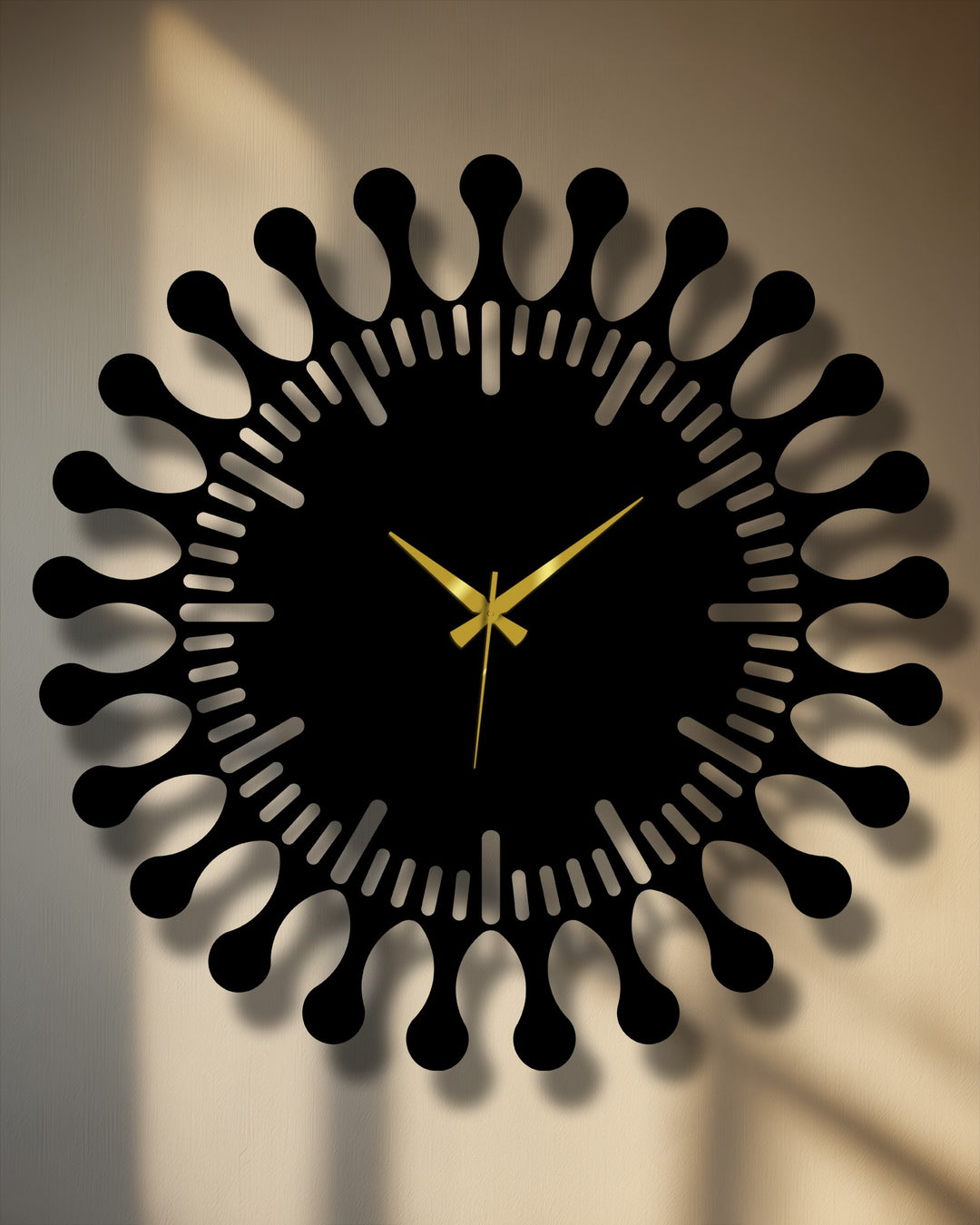 Horizontally oriented round sunburst metal art for wall clock features sun-like shapes extending from its circular center, creating a distinctive decorative piece.