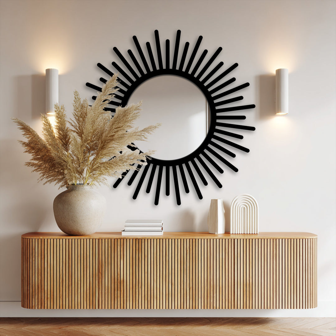 Featuring a sleek finish, this sunburst round floor mirror with a black frame adds a touch of modern design, enhancing decorating with wall mirrors.