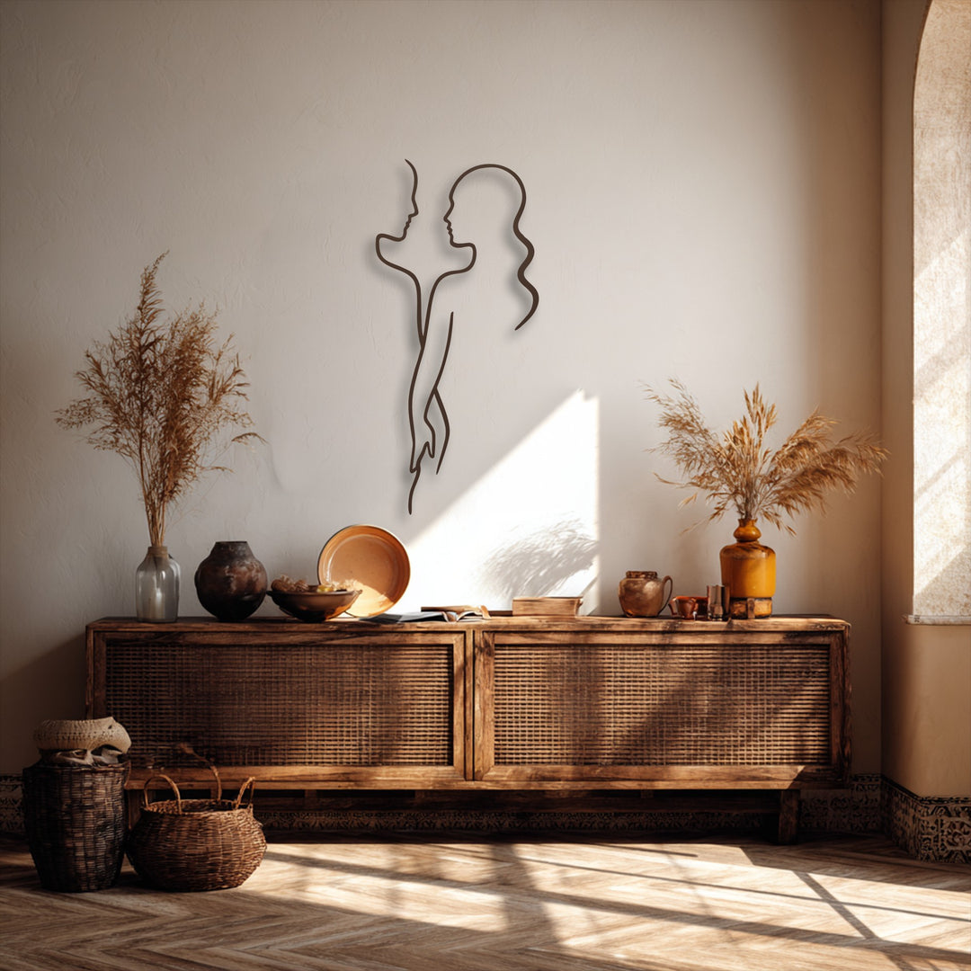 Softly desaturated earth tones highlight the elegant Minimal Couple Line Metal Wall Art, enhancing this striking decoration wall art.