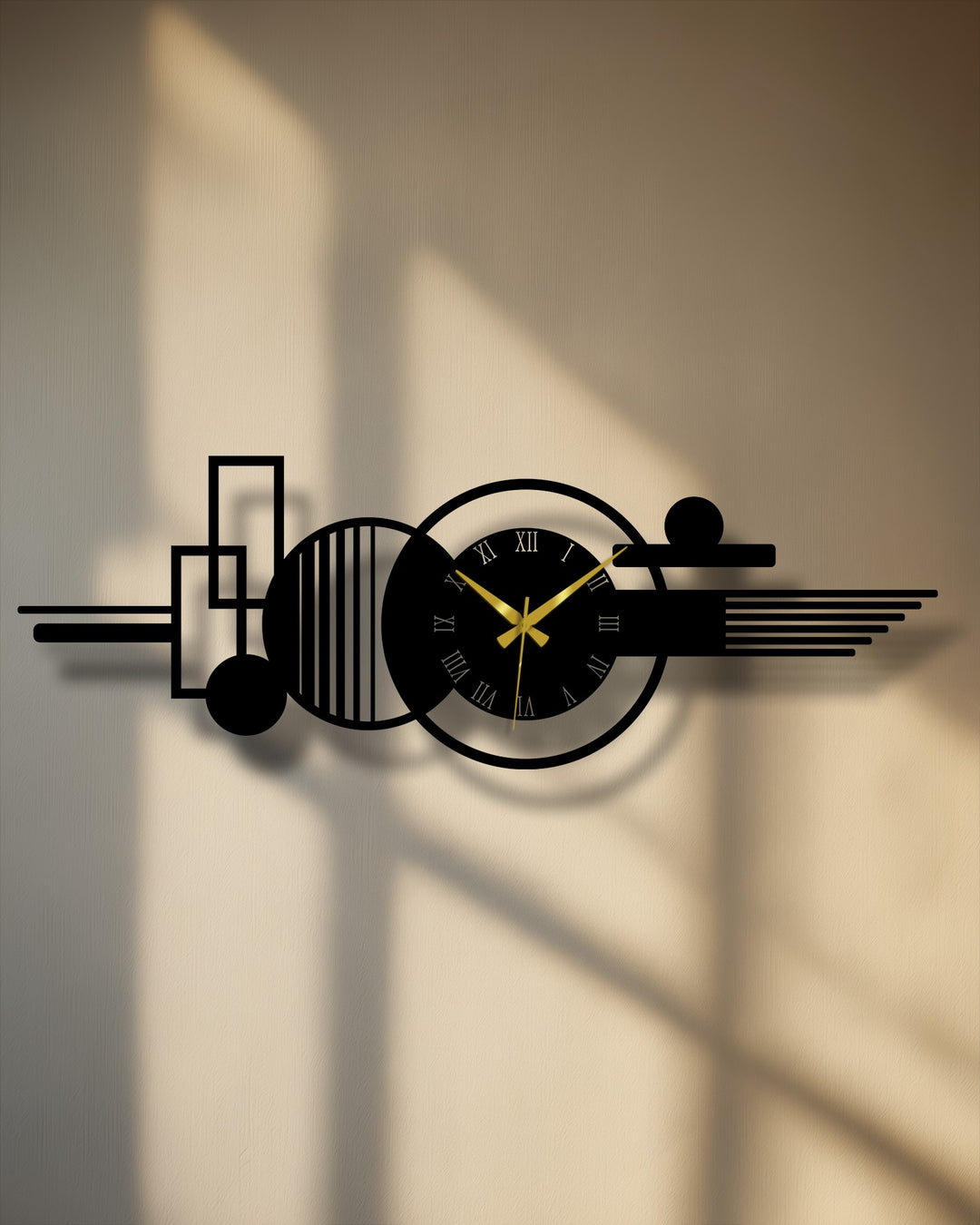 Highlighting the abstract quality, this decoration wall art features a modern metal wall clock with geometric elements creating a captivating horizontal composition.