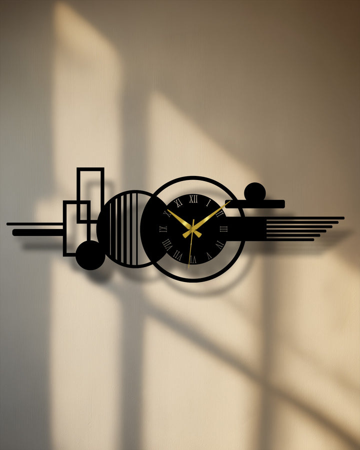 Highlighting the abstract quality, this decoration wall art features a modern metal wall clock with geometric elements creating a captivating horizontal composition.