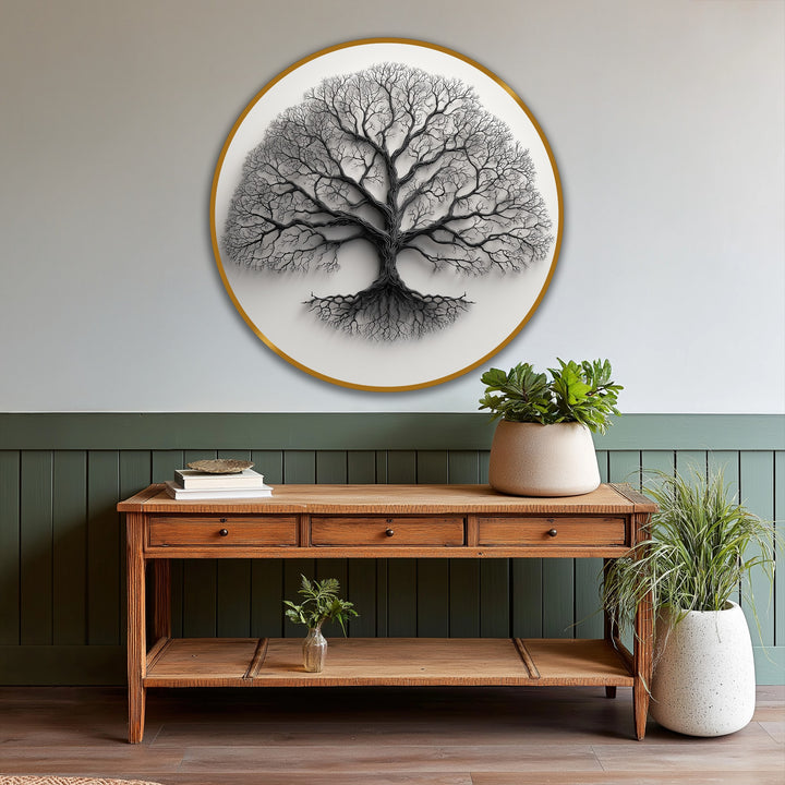 Contemplative minimalist monochrome tree silhouette round oil painting artwork evokes serenity with its detailed, bare branches against a bright backdrop, creating a peaceful mood.