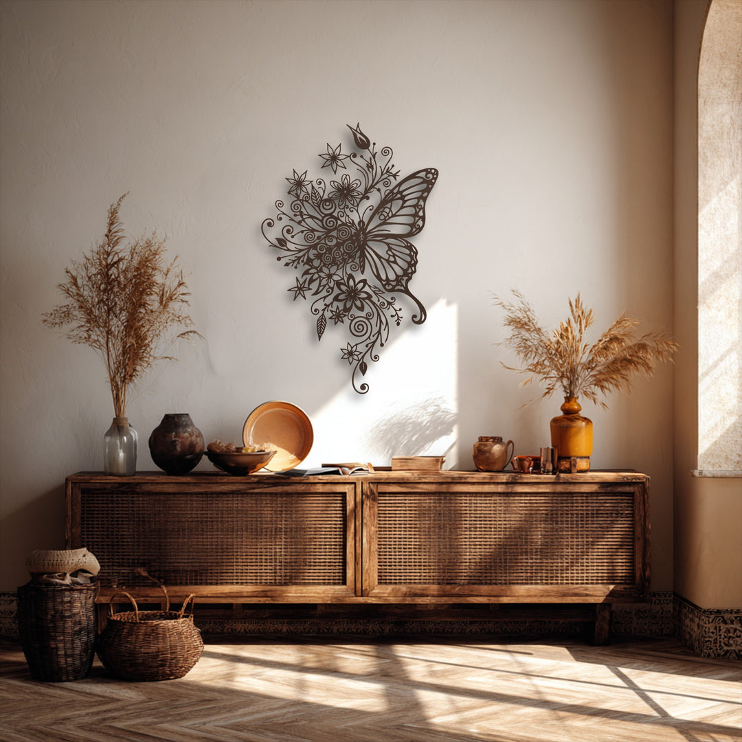 The muted color saturation of the intricate floral butterfly metal artwork enhances its earthy, nature-inspired decor.