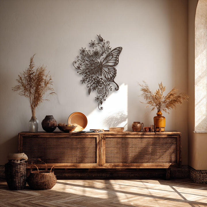 The muted color saturation of the intricate floral butterfly metal artwork enhances its earthy, nature-inspired decor.