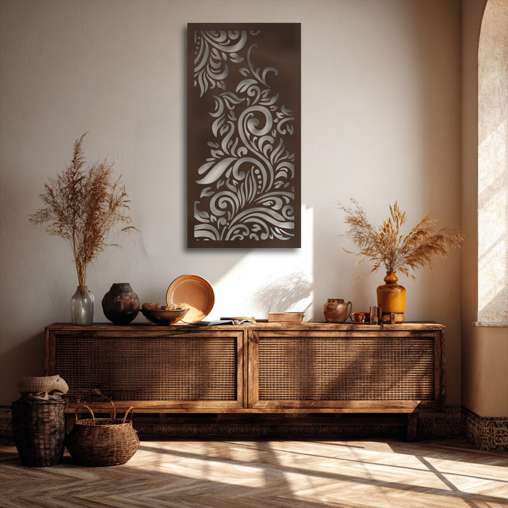 The pristine, textured wall provides a clean background for the elegant ornamental floral swirl decorative metal art.