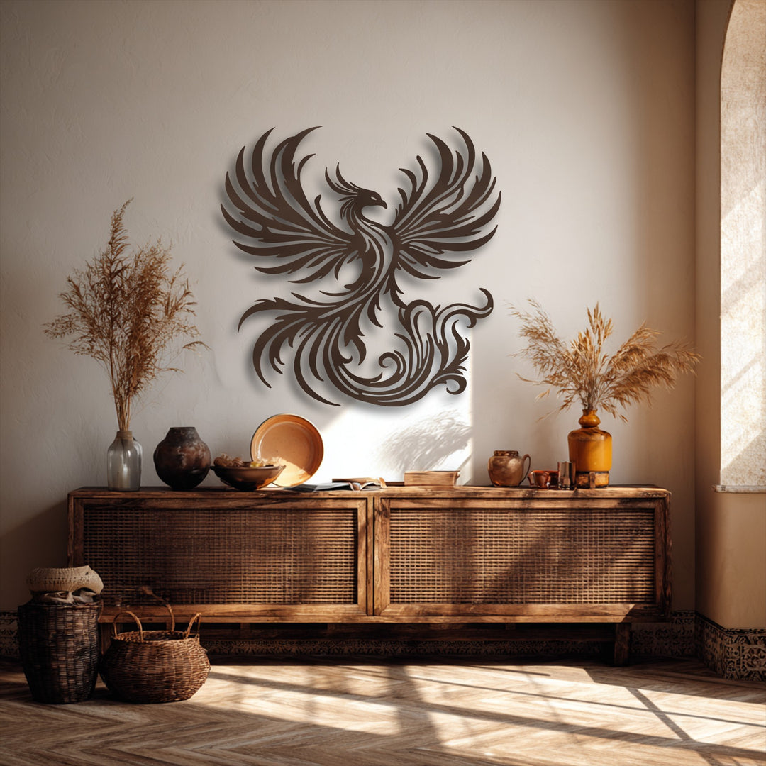 The dark, sophisticated finish of this phoenix metal artwork accentuates the mythical bird's rising design beautifully.