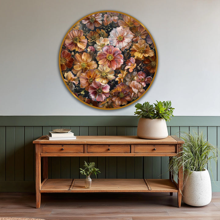 Light and shadow interplay across the floral round oil painting, highlighting the texture and rich hues of this modern oil painting art, showcasing an autumn bloom symphony.