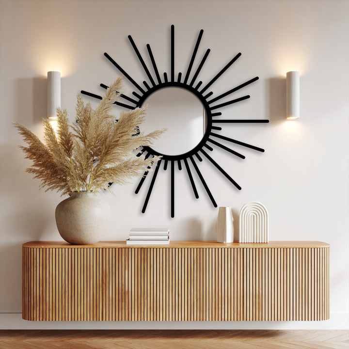 Stillness captures the modern sunburst floor mirror's intricate black metal frame design, enhancing the quiet elegance of contemporary decorative metal art.