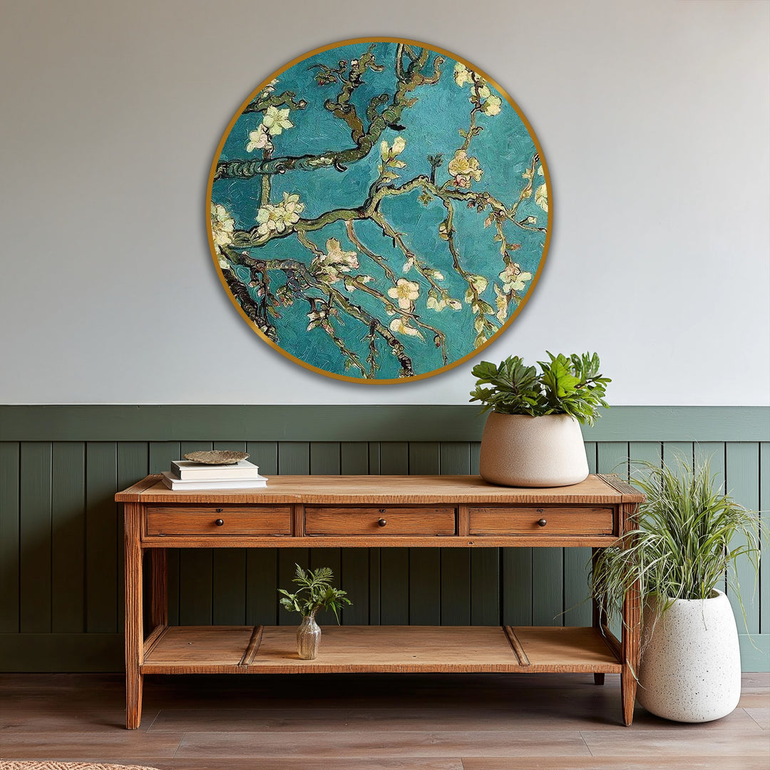 Circular composition featuring blossoming almond branches creates a dynamic display of oil painting artwork with a geometric design and round frame.