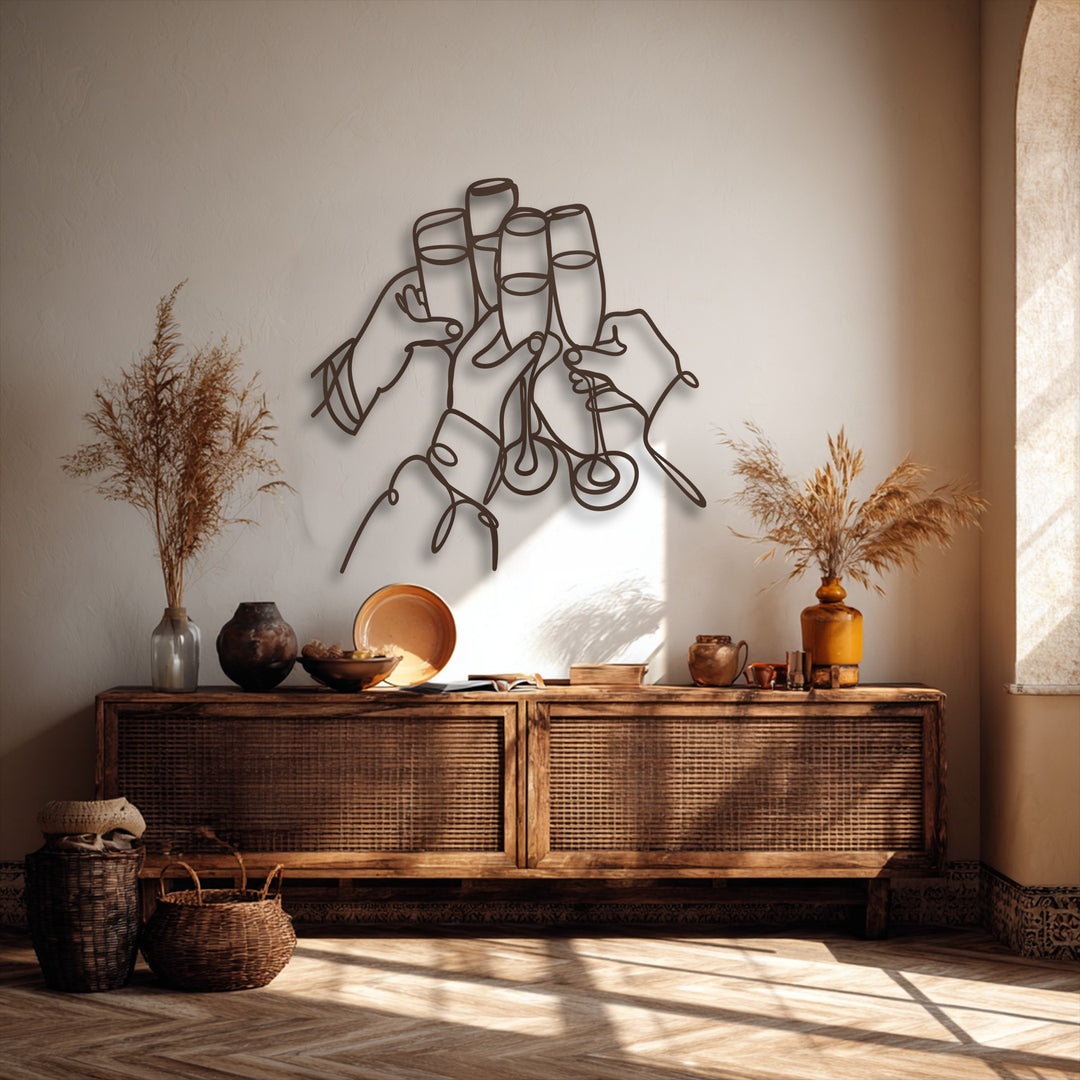 The organic forms of this line art metal wall art show hands toasting, a stylish decoration wall art piece enhancing natural room decor.