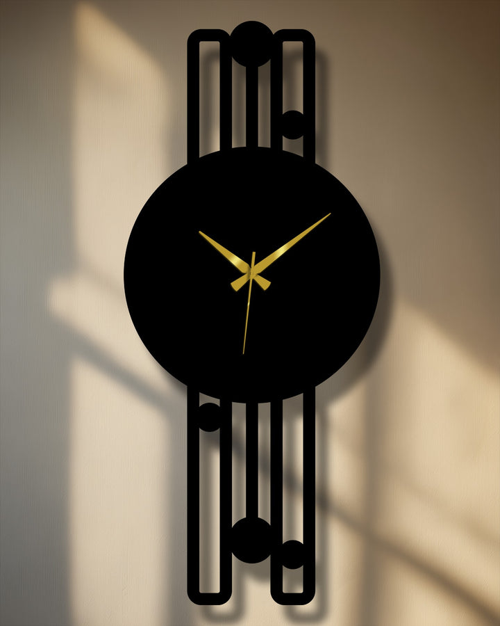 Foreground shadows accentuate the depth and layers of this unique metal wall art clock, framed by its minimalist geometric metal design.