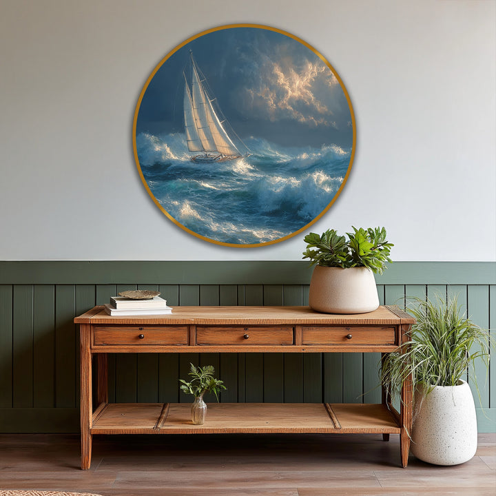 Fine details highlight the oil painting decoration showcasing a dramatic sailing boat round oil painting, revealing the rich texture of the premium materials.