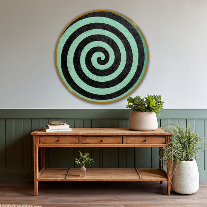The visual rhythm of the round oil painting decoration is created by the contrasting black spiral against a soft mint background, bringing a bold and modern feel.