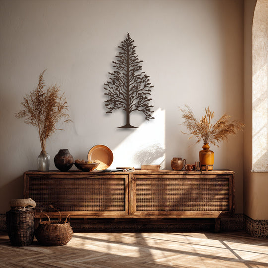 The matte, dark brown finish of the majestic pine tree metal wall decor highlights its intricate nature-inspired silhouette beautifully.
