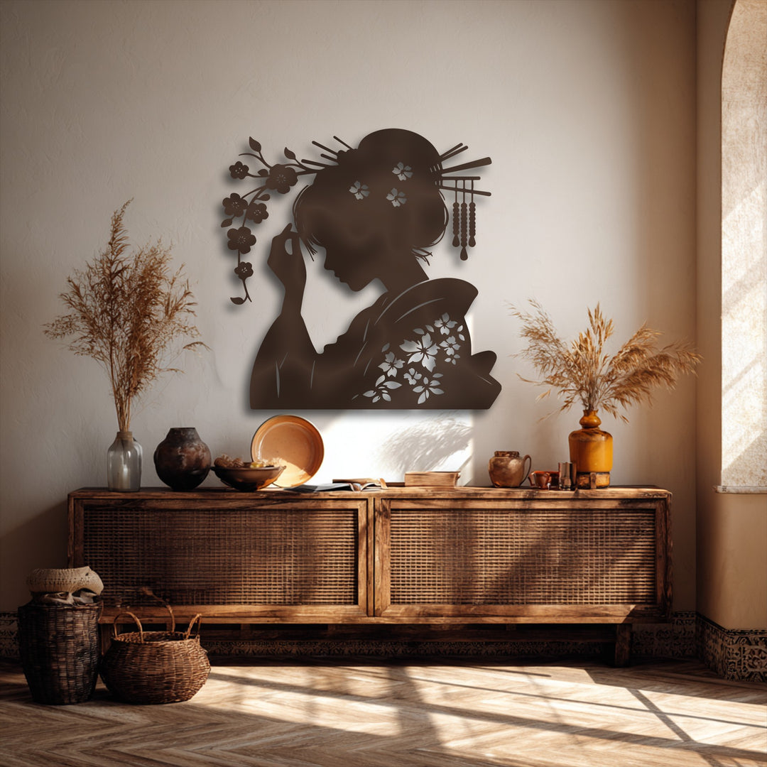 The stillness of the room is captured by the elegant geisha oriental silhouette metal artwork, reflecting a serene and tranquil ambiance.