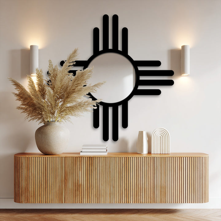 Gently illuminated pampas grass softens the sleek modern cross line floor mirror, adding a touch of nature to the decorative mirror.