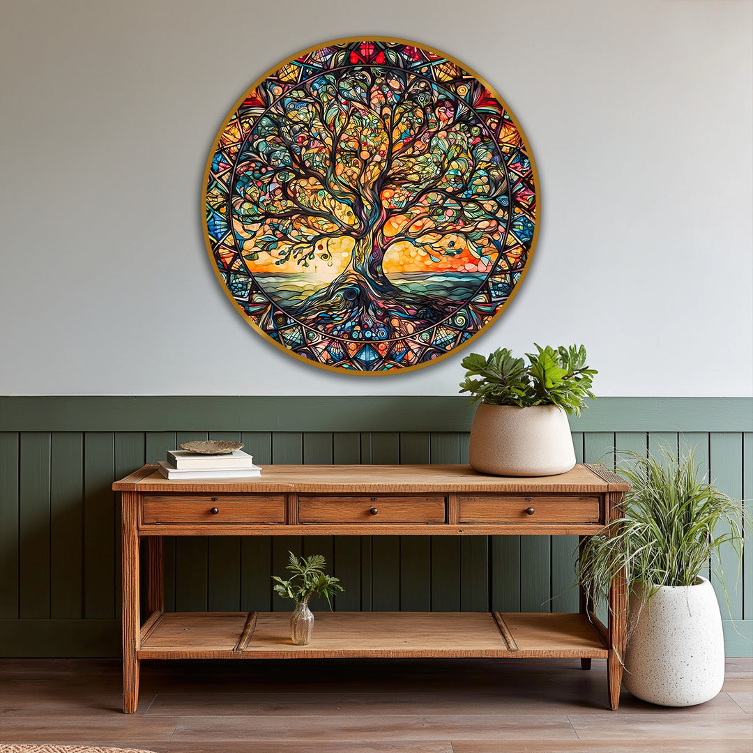 Radiant harmony stained glass tree of life round oil painting wall art showcases a captivating depth and layers effect in the intricate design.