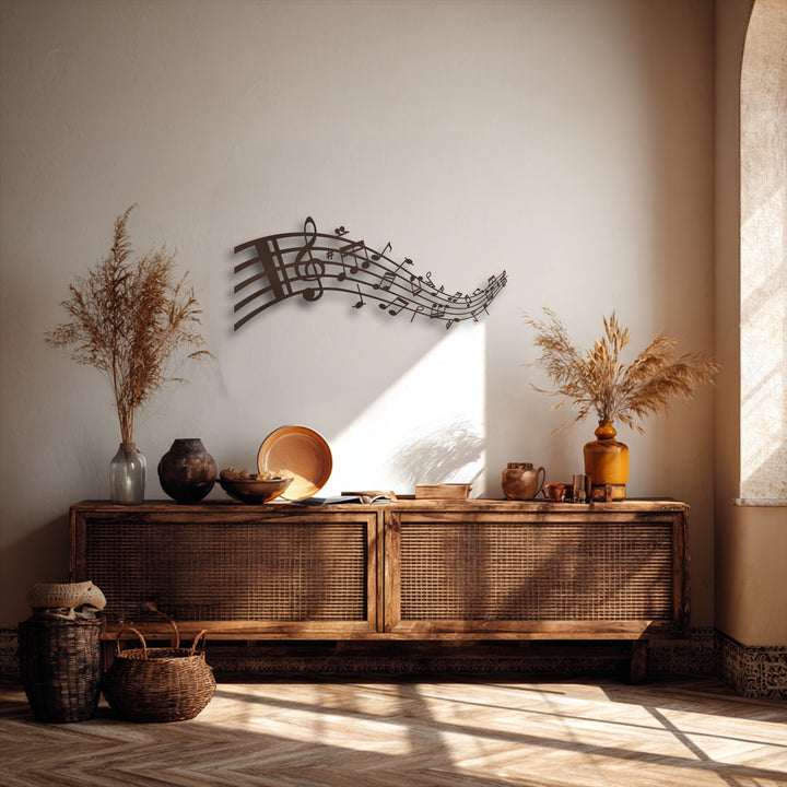 The realistic detail in the decorative metal art features a flowing musical notes design, including a treble clef, casting intricate shadows.