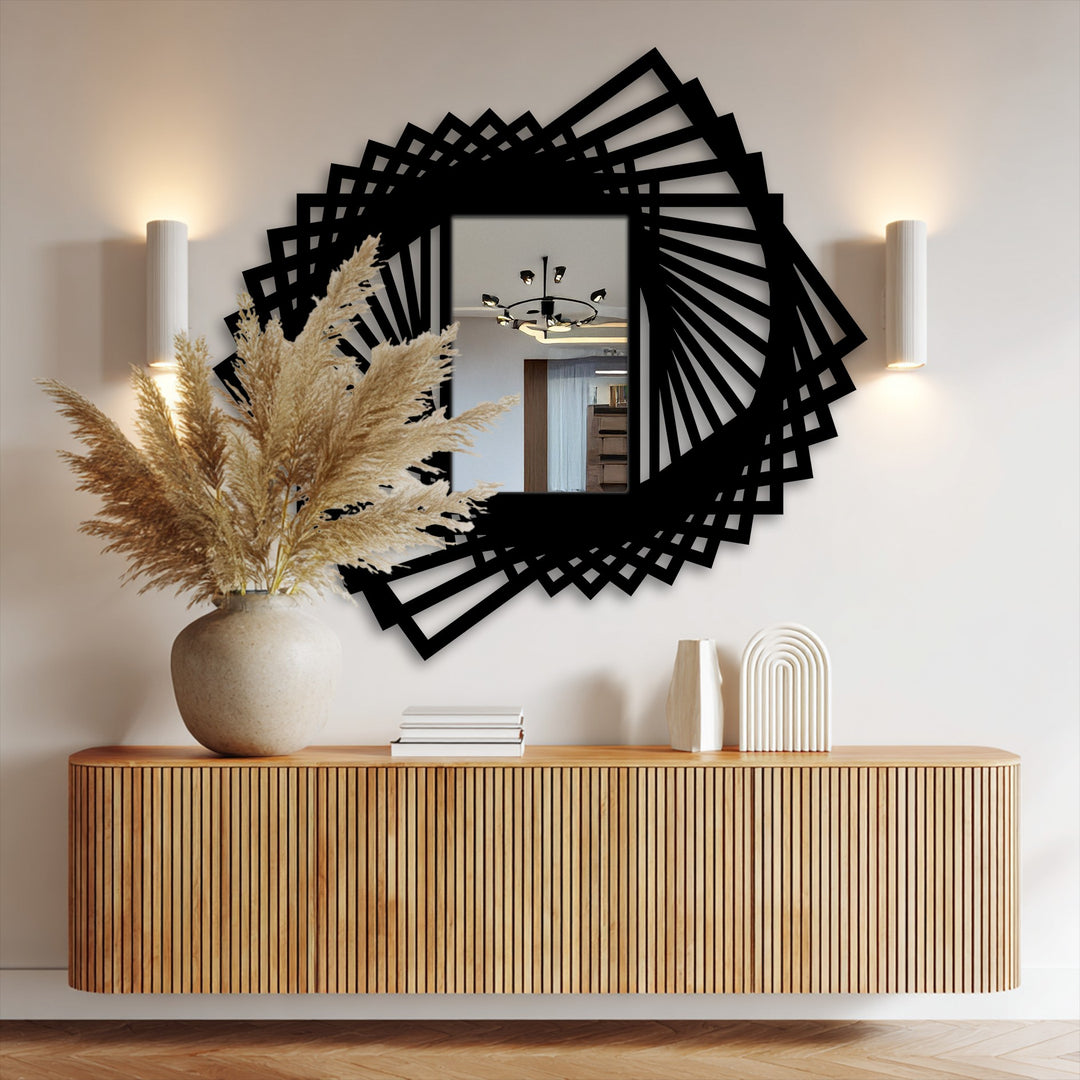 Black dominates the spiral fan floor mirror with its metal art for wall design, creating a geometric and rotating statement.