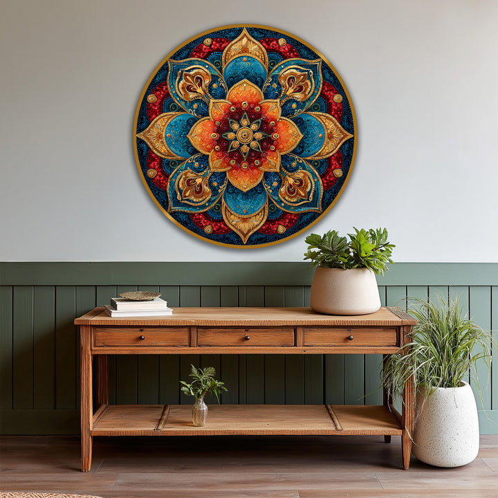 Layering effect accentuated in this radiant jewel mandala oil painting artwork, showcasing the ornamental round design with rich jewel tones and intricate patterns on wood.