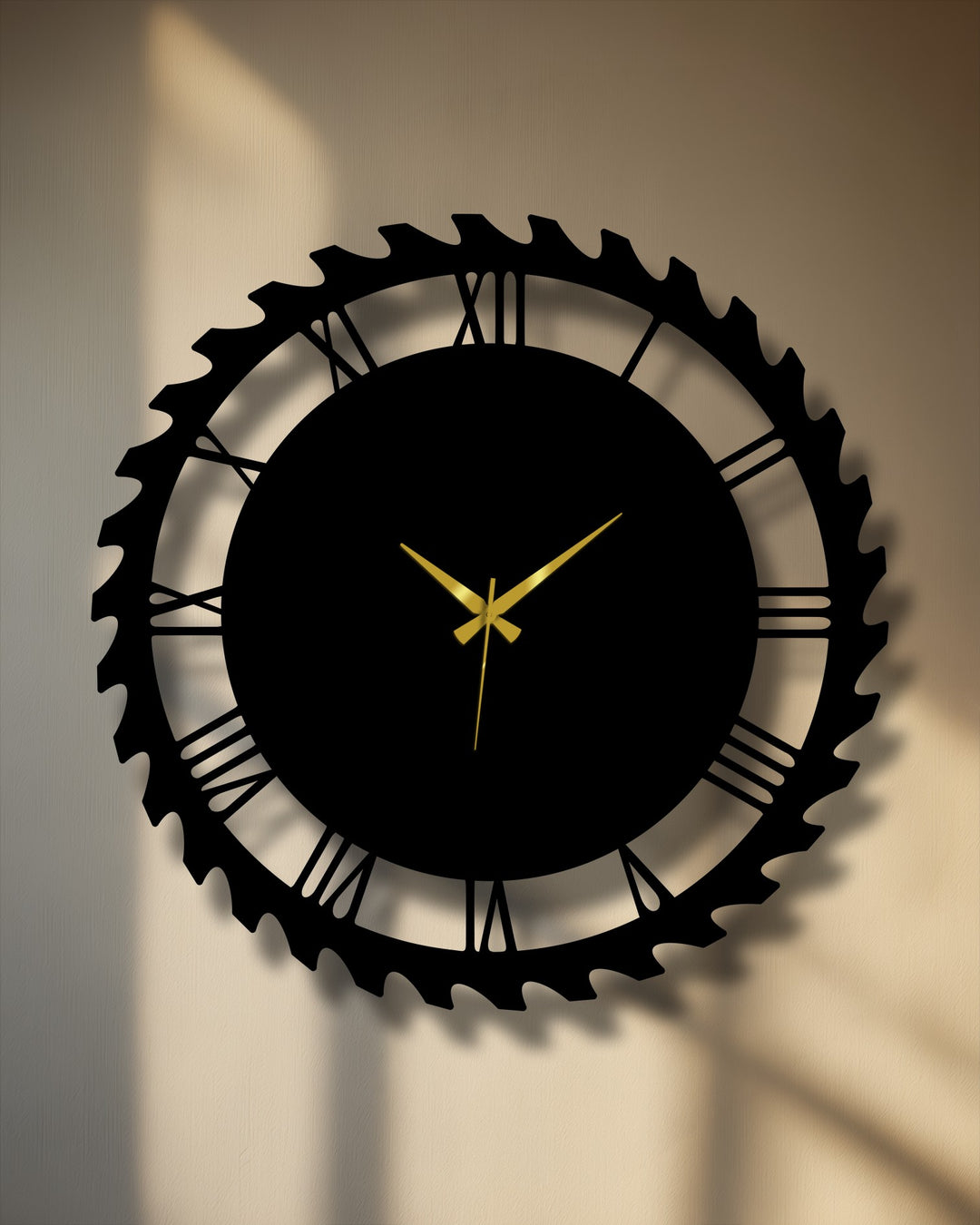 The stillness is palpable on this unique metal wall art clock, an industrial gear design with Roman numerals and unmoving golden hands.