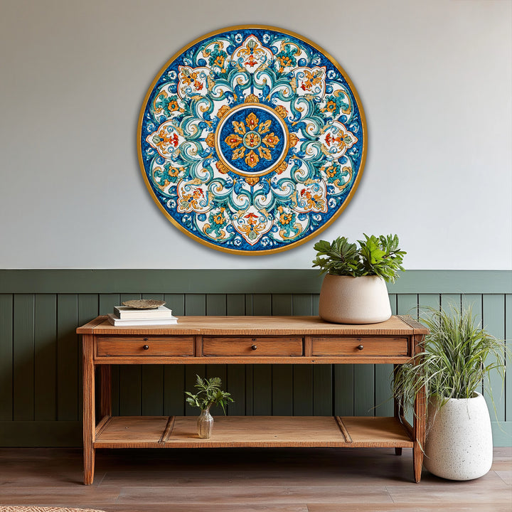 Warm color temperature radiates from the Azure Baroque Harmony, an ornamental mandala round oil painting, enhancing its Mediterranean-inspired oil painting wall art.